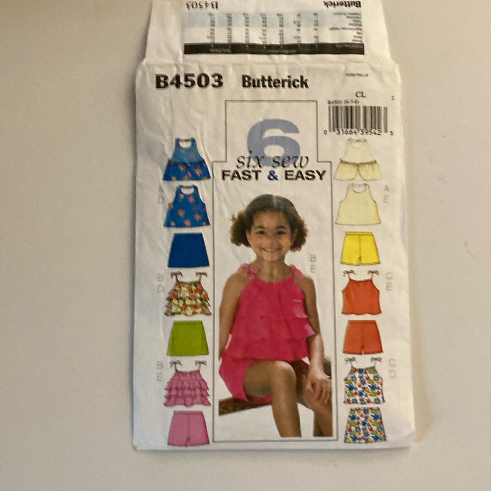 Butterick B4503 fast & easy pattern top skirt shorts girls 6, 7, 8